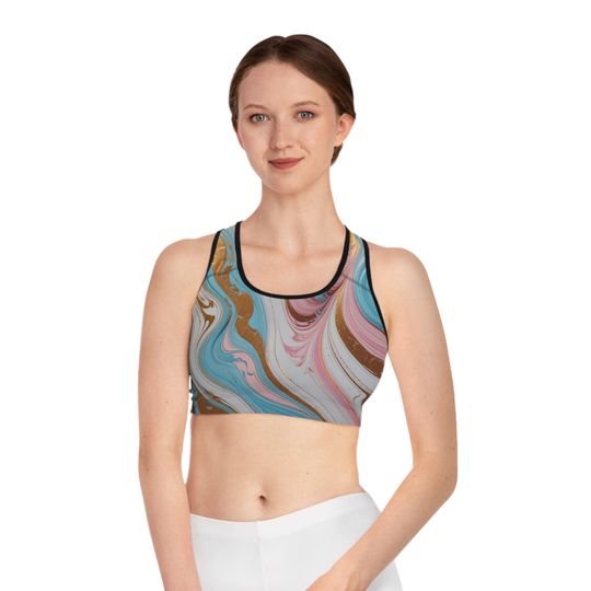 Abstract Marble Sports Bra, Pink Blue Gold Pilates, Performance Fitness Top