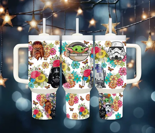 Discover 40oz Star Wars And Flowers Dupe tumbler with handle,straw, lid
