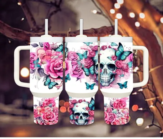 Discover 40oz Skulls Flowers  Tumbler straw, lid
