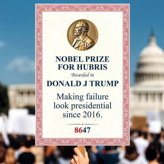 Discover Anti-Trump Protest Sign - "Nobel Prize for Hubris - Donald J. Trump"