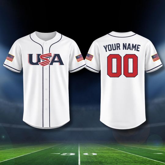 Discover USA Baseball Fan Jersey White Button Front Custom Name Number, 3D Style Supporter Shirt for International Baseball Tournament 2026