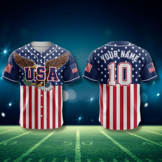 Discover Custom USA Baseball Jersey with Name and Number, American Flag Eagle 3D Sports Shirt, Patriotic Unisex Game Day Fan Gift Top Jersey