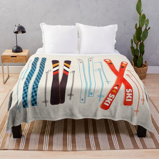 Discover Colorful Retro Ski Illustration Throw Blanket