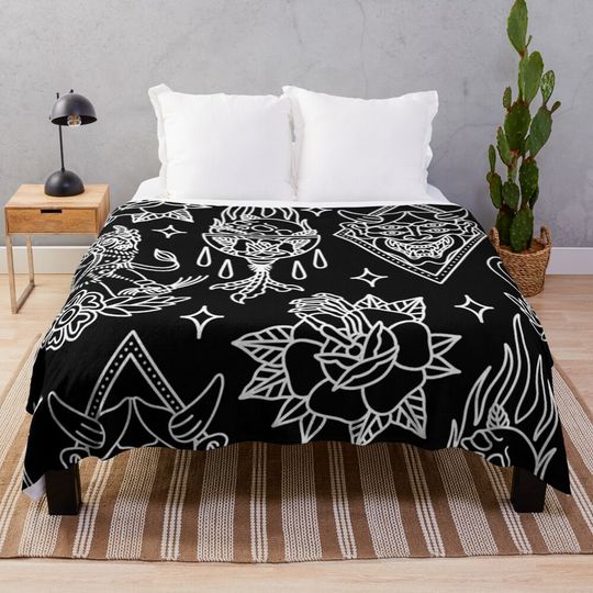 Discover Black and White Traditional Tattoo Flash Pattern Throw Blanket