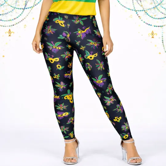 Discover Women's Black Multi-Colored Mardi Gras Fleur de Lis Leggings