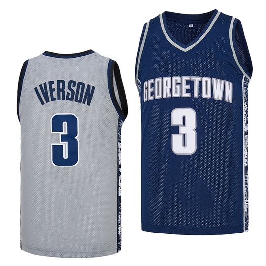 Discover Basketball jerseys high school GEORGETOWN 3 Iverson jersey Sewing embroidery Cheap High Quality Outdoor sportswear Grey Blue