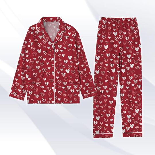Discover Red Heart Pajama Set for Women, Love Pattern Sleepwear, Romantic Valentine PJs, Cozy Loungewear, Gift for Her
