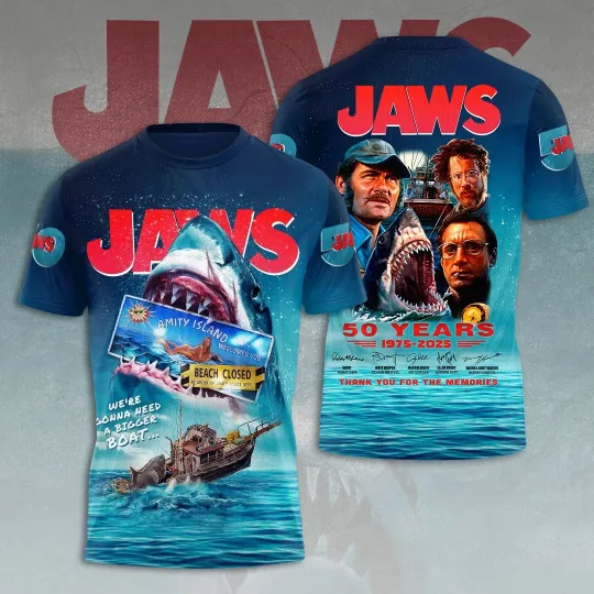 Discover Jaws 50 Years 1975-2025 3D Printed T-Shirt for Fans