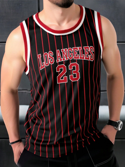 Discover Men's Striped Graphic Sleeveless Basketball Jersey Athletic Top Los Angeles 23 Print Women's Vest Casual Tank Tops