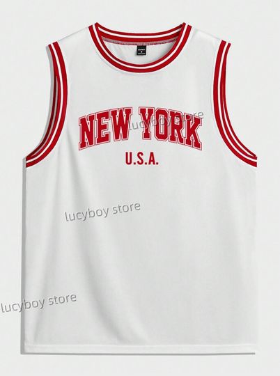 Discover men NEW YORK USA  Print Striped Round Neck Casual Tank Top mens Basketball Jersey vest Boyfriend Style sport basketball vest