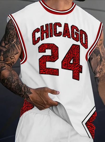 Discover 2025 Summer Men's CHICAGO NO.24 Graphic Tank Top Sleeveless Basketball Jersey Vest Men Round Neck Sports Gym Vest Men Clothing