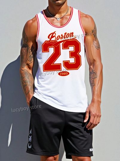 Summer men Basketball Jersey vest Boyfriend StyleBOSTON No.23 1989 Print Striped Round Neck Casual Tank Topsport basketball vest