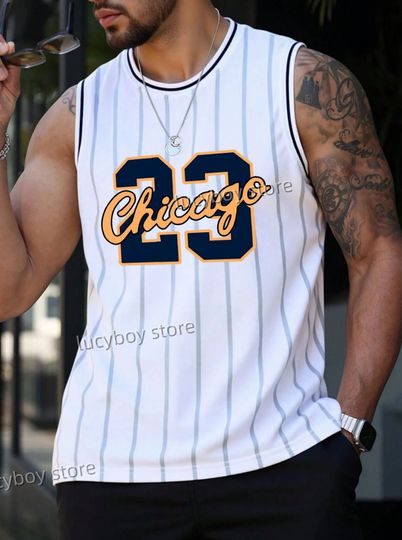 Discover men CHIAGO No.23  Print Striped Round Neck Casual Tank Top mens Basketball Jersey vest Boyfriend Style sport basketball vest