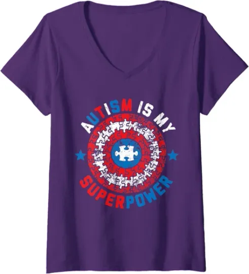 Discover Autism Is My Superpower Autism Awareness Autistic Ladies' V-Neck Tshirt