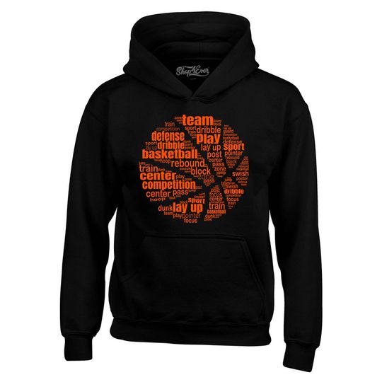 Discover Basketball Word Cloud Orange Ball Silhouette Hoodie Sweatshirts