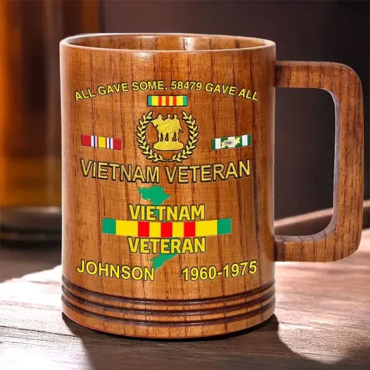 Personalized Vietnam Veteran Wood Mug, Military Custom Proudly Served Gift Dad Gift