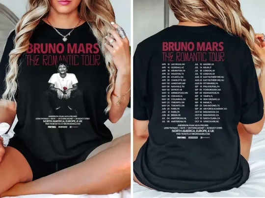 Discover Bruno Mars The Romantic Tour 2026 Shirt, 2026 Bruno Mars Concert Fan Merch
