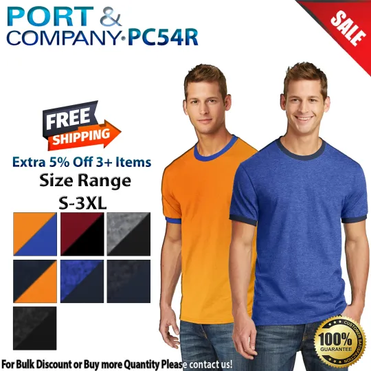 Discover Port & Company PC54R Mens Short Sleeve Retro Ringer Crew Neck Cotton T-Shirt
