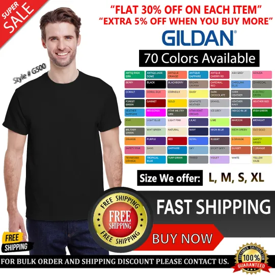 Discover Gildan Mens G500 Solid Heavy Cotton Plain Short Sleeve Blank Casual Fit T-Shirt