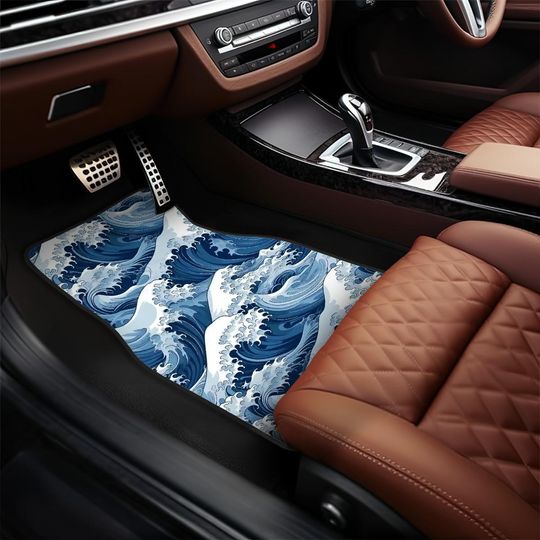 Discover Blue Anime Wave Car Floor Mats, Ocean Beach Interior Car Accessories, Kawaii Cute Car Decor for Women, New Car Gift