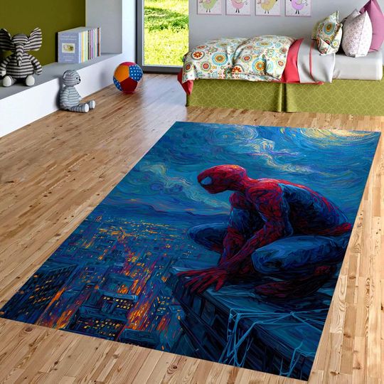 Discover Spiderman Cityscape Area Rug for Kids' Room Decor Non-Slip Machine Washable