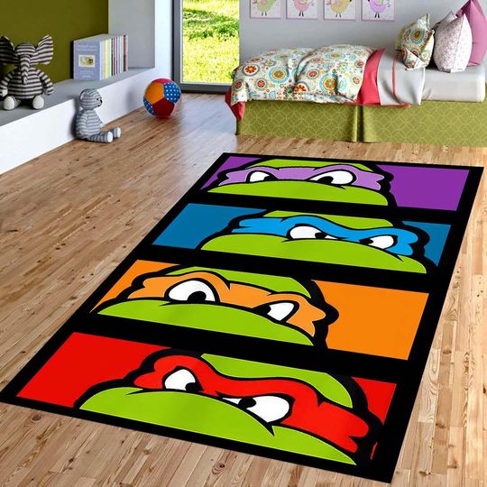 Discover Cartoon Turtle Squad Kids Rug, Color Block Playroom Carpet