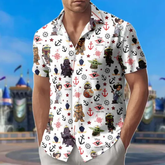 Star Wars Cruise Button Shirt, Grogu BB8 Chewbacca Leia Cruise Hawaii Shirt