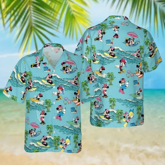 Discover Minnie Mouse Surfing Blue Hawaiian Shirt, Disney Vacation Beach Outfit