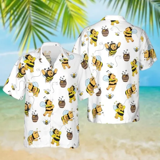Discover Pooh Bee White Hawaiian Shirt, Disney Vacation Beach Outfit, Pooh Shirt Gifts