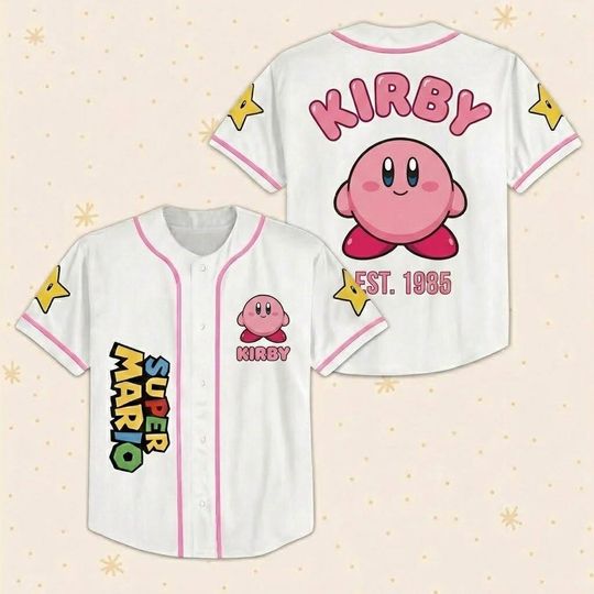 Kawaii Kirby Baseball Jersey, Super Mario Dream Land , Nintendo Pink Jersey Shirt, Universal Studio Game Trip Shirt, Gift For Her