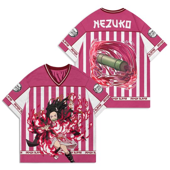 Discover neko Kamado Football Jersey, Pink Flame Anime Streetwear, demon Manga Shirt, Cute Girl Gift For Her, Cosplay Kimetsu Yaiba