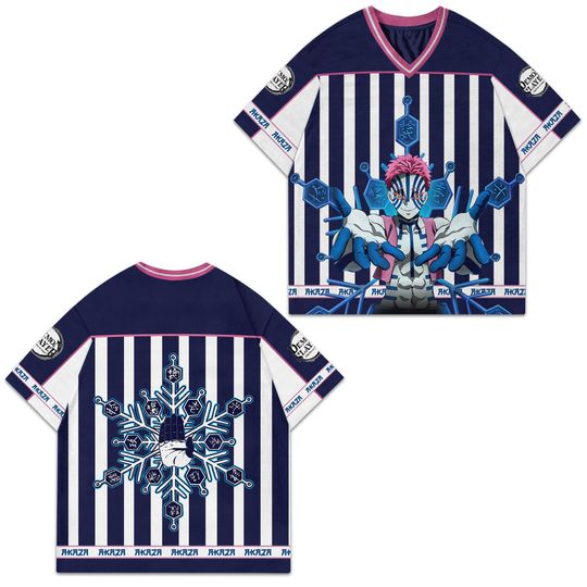 Discover Akaza Upper Moon Football Jersey, Blue Frost Anime Mesh Tee, Kimetsu Demon Battle Street Shirt, KNY Manga Villain Snow, Fan Boy Gift