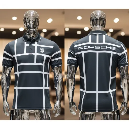 Discover Porsche Motorsport Heritage Racing Dynamic Lines Grid Short Sleeve Polo Shirt 3D