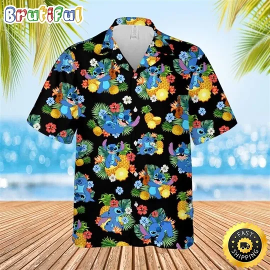 Discover Disney Stitch Hawaiian Shirt Pineapple Pattern Black Aloha_ai9_37
