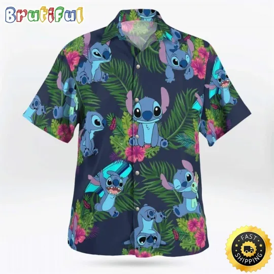 Discover Stitch Disney Hawaiian Shirt Palm Leaves Pattern All Over Print