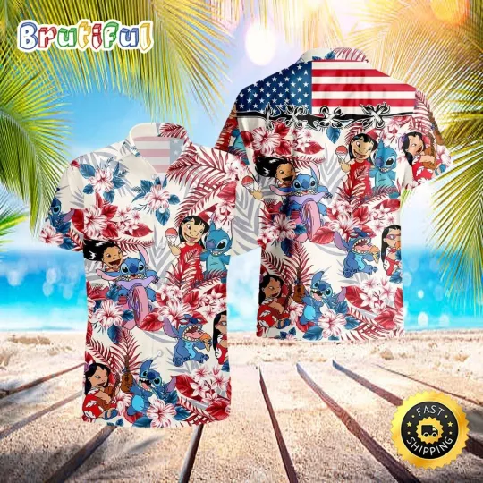 Discover Lilo 038 Stitch Blue Red 4th July Independence Day Disney Hawaiian Shirt