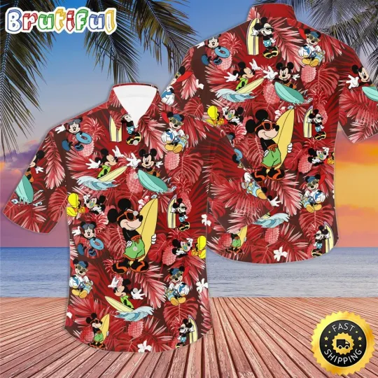 Discover Mickey Mouse Surfing Red Patterns Summer Tropical Disney Hawaiian Shirt