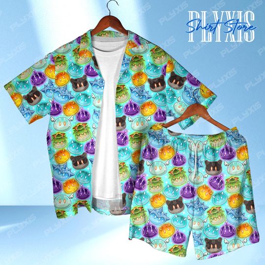Discover Genshin Slime Hawaiian Shirt - Cute Video Game Aloha Shirt Inspired Fan Apparel - Gamer Gift for Travelers - Elemental Slimes