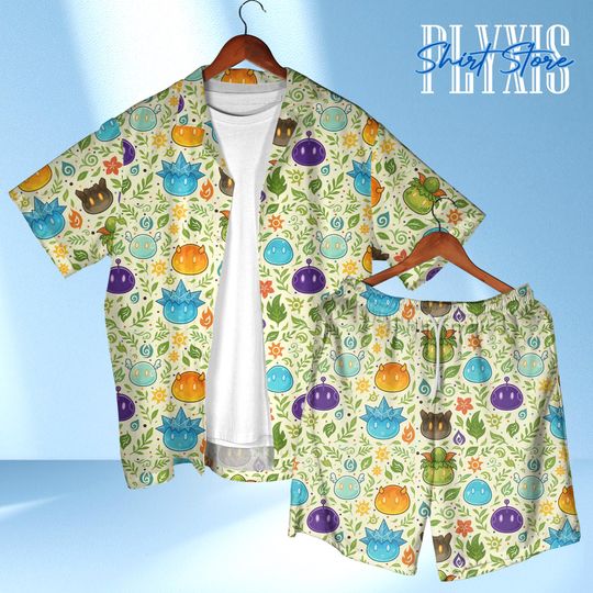 Discover Slimes Hawaiian Shirt - Cute Video Game Aloha Shirt Inspired Fan Apparel - Gamer Gift for Travelers - Elemental Tropical Design