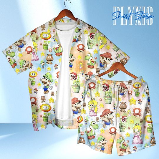 Mario Hawaiian Shirt Retro Gamer Vacation Game Aloha Shirt Beach Outfit, Video Game Fan Gift