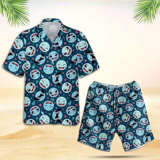 Squirtle Face Hawaiian Shirt & Shorts Set, Summer Beach Vacation, Cute Water Creature Aloha Matching , Anime Poke Fan Gift