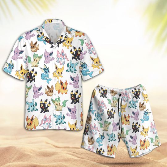 Discover Pokeanime Eeveelution Hawaiian Shirt & Shorts, Anime Aloha Summer Set, Beach Vacation Matching Set, Cartoon Gift for Boy