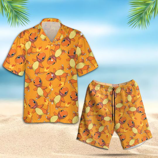 Vintage Charmander Hawaiian Shirt & Shorts, Fire Cartoon Aloha Summer, Poke Anime Beach Vacation Matching Set, Anime Fan Gift