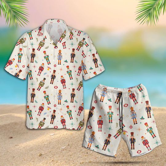 Tropical Nutcracker Soldier Hawaiian Set, Cute Christmas Aloha Shirt & Shorts, Festive Holiday Beach Outfit, Summer Gift For Family