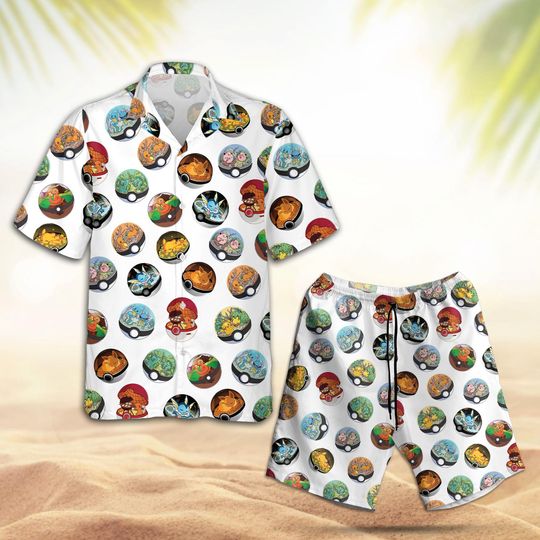 Discover Pokeball Hawaiian Shirt & Shorts, Retro Anime Character Aloha, Summer Beach Vacation Matching Set, Cartoon Gift for Boy Girl