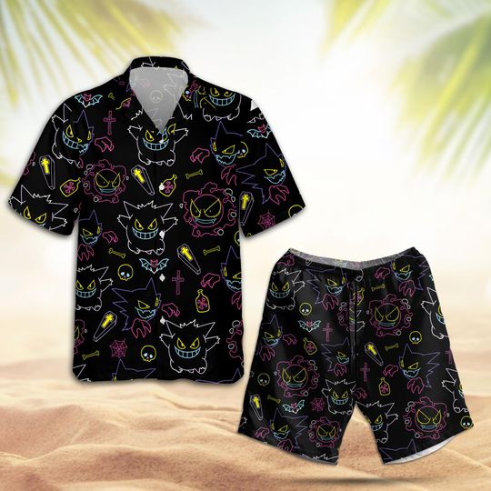 Gengar Haunter Hawaiian Shirt & Short, Beach Lineart Vacation Matching Set, Poke Dark AnimeAloha Summer,Cartoon Gift For Him