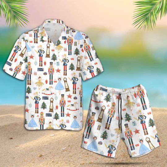 Christmas Nutcracker Hawaii Shirt & Shorts, Ballet Soldier Xmas Tree Beachwear Set, Festive Holiday Matching, Cute Family Gift