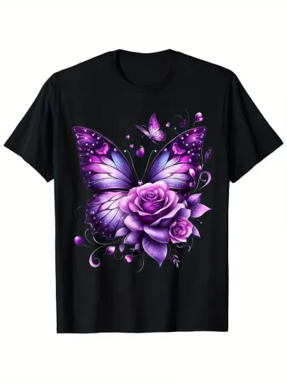 Discover 180g Butterfly On A Purple Colored Rose Flower Butterfly Lover T-Shirt, Best for