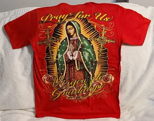 Discover VIRGEN DE GUADALUPE PRAY 4 US VIRGIN MARY ROSE FLOWER CROSS RED T-SHIRT