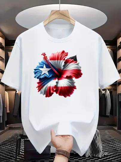 Discover Puerto Rico Flag Hibiscus Flower T-Shirt - Vibrant Patriotic Design, Breathable